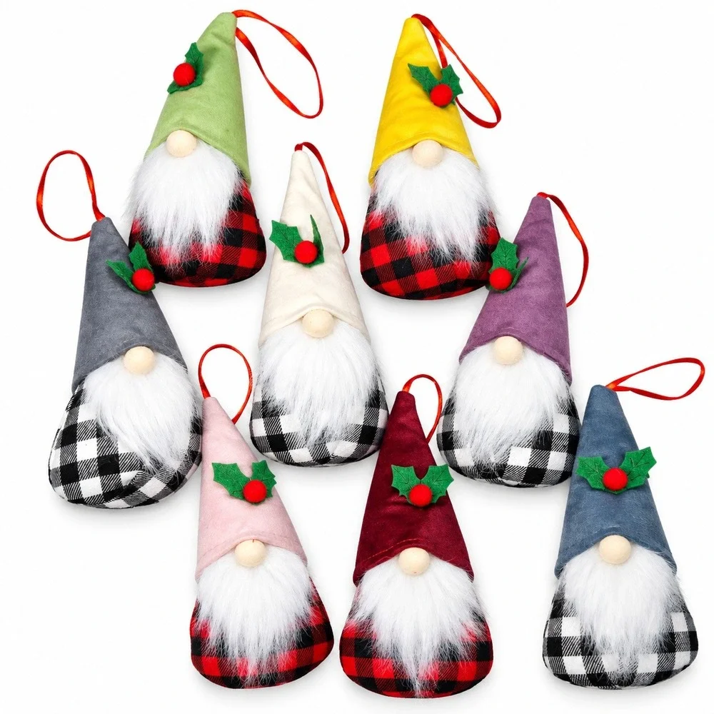D-FantiX 8 Piece Christmas Gnome Ornaments Buffalo Plaid Plush Tomte Set